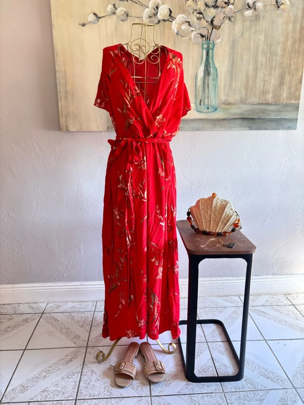 Cecè Red Floral Maxi Dress 2X Boho Flowy Viscose Wrap Style NWT - Picture 2 of 4
